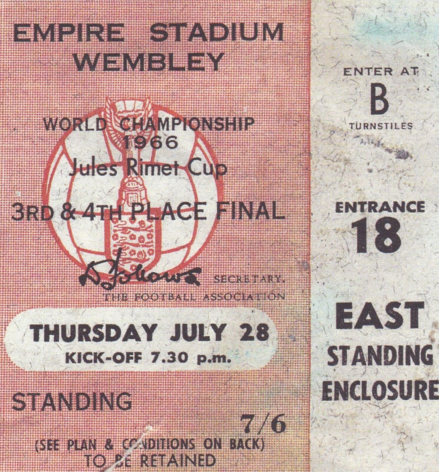 1966 WORLD CUP FINALS 3RD/4TH PLACE PLAY-OFF TICKET